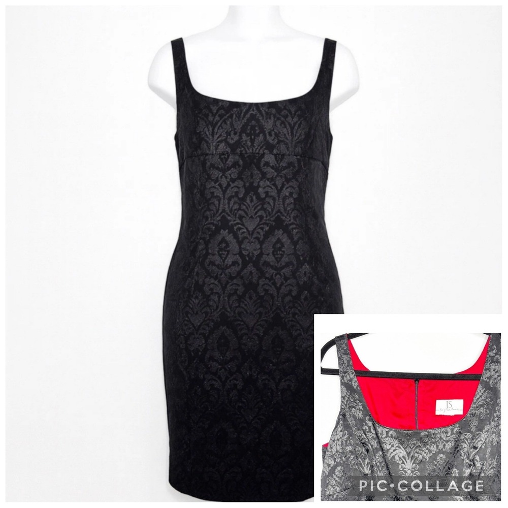 Y2K JS Signature Black Brocade Jacquard Dress Size 12 Red Accent Vampire Goth